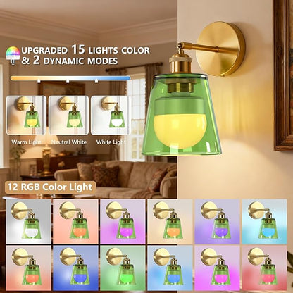 Vintage Battery Operated Wall Sconce with Green Minimalist Glass Lampshade Rechargeable Battery Powered Wall Light with Remote Control for Bedside Bedroom Bathroom, Set of 1