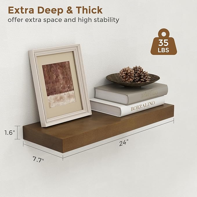 Marsmiles 24 Inch Wood Floating Shelves | Rustic Dark Wood Wall Shelves Set of 2 | 24