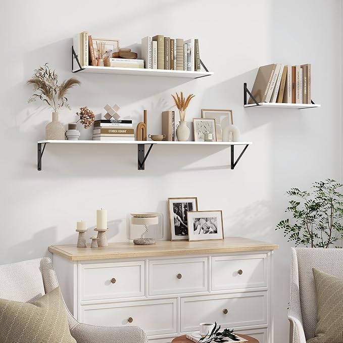 Heimlove White Deep Floating Shelves for Wall, 32W x 8D Wood Wall Shelves Set of 2, Wide Floating Bookshelf for Living Room, Kitchen, Office, Bedroom and Decor Storage, with Black Bracket - White