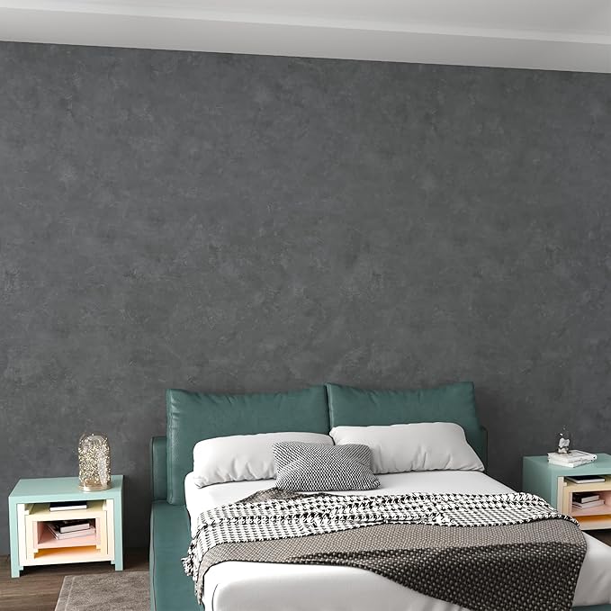 16"×1181" Big Roll Large Size Thick Dark Blue Grey Concrete Wallpaper Peel and Stick Gray Concrete Contact Paper Vinyl Industrial Glossy Adhesive Cement Tile Sticker for Bedroom Bathroom Walls