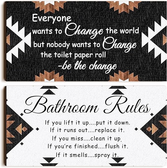 Jetec 2 Pieces Funny Bathroom Signs Bathroom Wall Decor Toilet Wall Accessories Farmhouse Toilet Rustic Wooden Signs, 12x6 Inch(Boho Style)