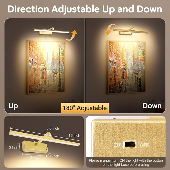 Battery Picture Light for Wall with Timer,3 Color Temps Painting Light, Rechargeable 5200 mAh and AA Battery,Metal Rotatable Head Art Display Accent Lights for Gallery Portrait Hallway Frame-Gold 16''