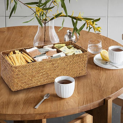 ELLDOO Woven Seagrass Wicker Rattan Storage Basket, Large Capacity Coffee Pod Holder Organizer for K Cup Nespresso Pods, 3-Section Seagrass Storage Box for Coffee bar Shelves Kitchen Cabinets,Brown