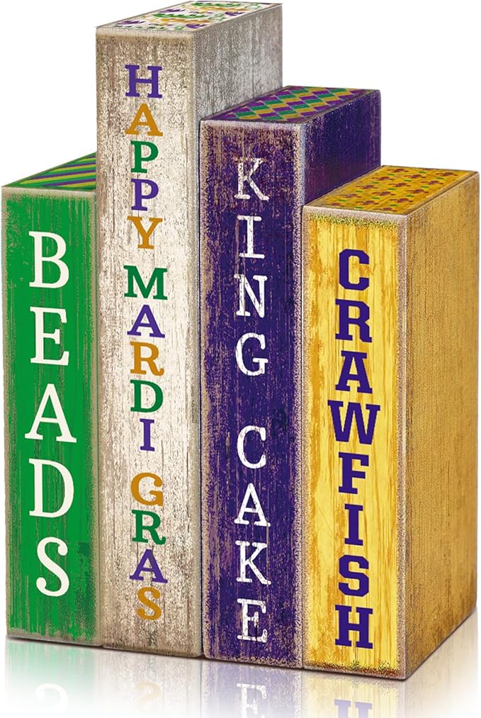4 Pcs Mardi Gras Table Decor Rustic Wooden Book Sign Carnival Tiered Tray Decor Farmhouse Tabletop Sign Centerpieces for Mardi Gras Carnival Home Shelf Decoration