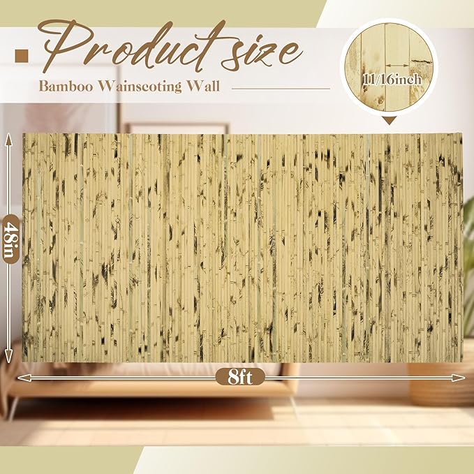 Juexica 2 Pcs Natural Bamboo Wall Panel for Interior Wall 48''x96'' Bamboo Covering Renewable Pole Wainscoting Room Divider Wrap Decor for Bedroom Living Room Kitchen Island Office (Light Burned)
