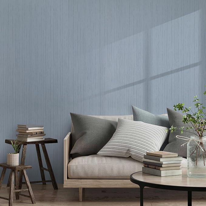 Grasscloth Peel and Stick Wallpaper Grey Blue 15.74" x 472.44" Modern Textured Self-Adhesive Contact Paper Boho Removable Vinyl Wall Paper for Bathroom Bedroom Kitchen Cabinets Desk