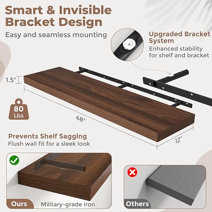 48 Inch Long Floating Shelves for Wall Set of 2, 12