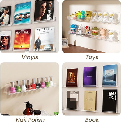 Gotega 8 Pack Vinyl Record Shelf Wall Mount, 12 inch Album Record Holder Display, Clear Acrylic Floating Shelves for Wall, Suitable for Bedroom, Living Room, Magazine Shelf, Kids Bookshelf, etc