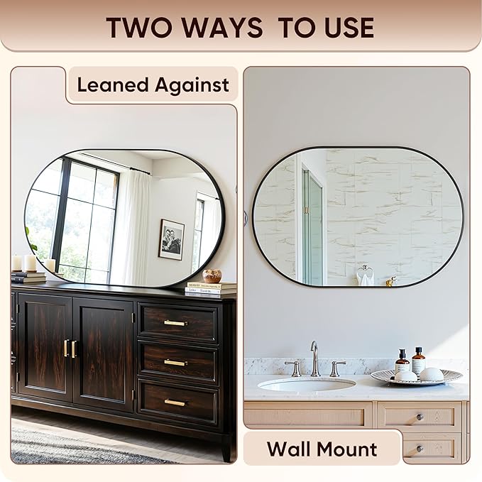Antok Wall Mirror, 24"x36" Bathroom Vanity Mirror, Anti-Rust HD Tempered Glass, Wall Mounted Mirrors for Living Room, Entryway, Black Frame, Oval
