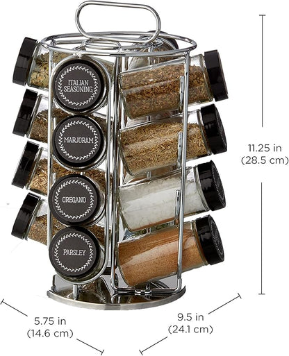 Kamenstein 16 Jar Montauk Revolving Countertop Spice Rack Organizer with Spices Included, FREE Spice Refills for 5 Years, Chrome with Black Caps