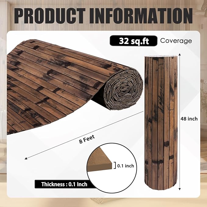 FONUNO Bamboo Wall Panel for Interior Decoration Bamboo Pole Wrap Roll Natural Wainscoting Paneling Decorative Wall Slat Covering for Living Room, Bedroom, Office (48 Inch x 96 Inch, Dark Burned)