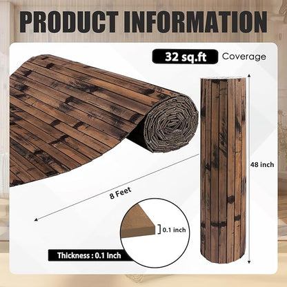FONUNO Bamboo Wall Panel for Interior Decoration Bamboo Pole Wrap Roll Natural Wainscoting Paneling Decorative Wall Slat Covering for Living Room, Bedroom, Office (48 Inch x 96 Inch, Dark Burned)