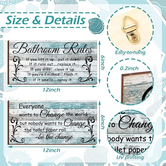 Jetec 2 Pieces Funny Bathroom Signs Bathroom Wall Decor Toilet Wall Accessories Farmhouse Toilet Rustic Wooden Signs, 12x6 Inch(Chic Style)