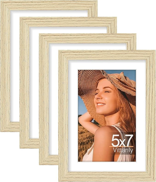 Vittanly 5x7 Picture Frame Set of 4, Display Pictures 4x6 with Mat or 5x7 without Mat, Small Photo Frames for Wall or Tabletop Display, Engineered Wood with Shatter Resistant Plexiglass, Natural