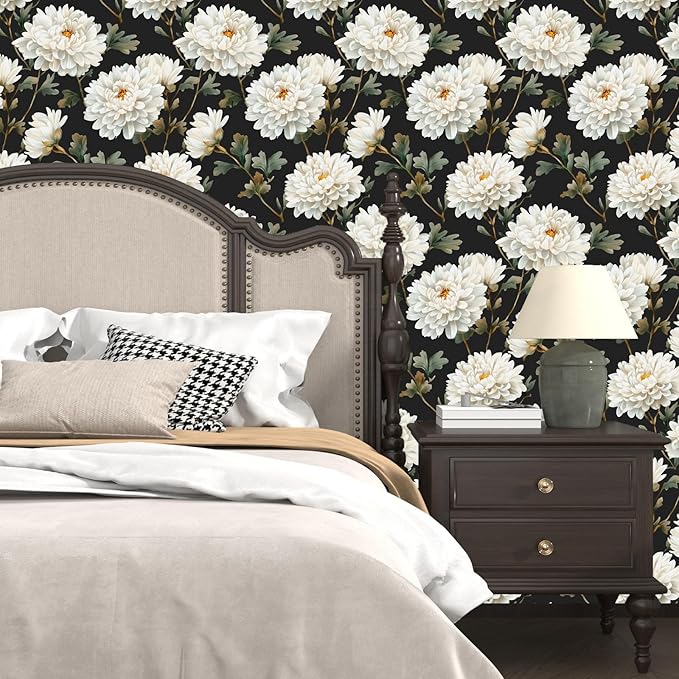 Black White Floral Peel and Stick Wallpaper Chrysanthemum Contact Paper 17.5" × 118" Waterproof Vinyl Self Adhesive Vintage Dark Flower Wall Paper for Bedroom Walls Cabinet Locker Decor