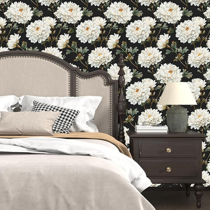 Black White Floral Peel and Stick Wallpaper Chrysanthemum Contact Paper 17.5" × 118" Waterproof Vinyl Self Adhesive Vintage Dark Flower Wall Paper for Bedroom Walls Cabinet Locker Decor