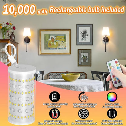 Wall Sconces Set Of Two Battery Operated, Wireless Sconces Wall Lighting Indoor Battery Operated Sconces With Remote Control, 10000mAh RGB Dimmable Rechargeable Wall Sconce For Bedroom, Including Bulb