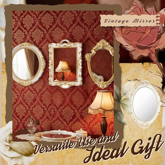 4 Pcs Vintage Gold Mirrors Set Including Small Oval Wall Mirror Antique Shield Shape Square Decorative Mirror Dresser Mirrored Tray for Bedroom Wedding Victorian Decor (Elegant,White)