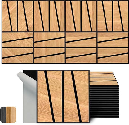 WoveN SounD Artisan Acoustic Wall Panels, 16 Pack 12x12 Inch, Wood Veneer Carved Sound Proof Wall Decor, Self-Adhesive for Home, Studio, Office & Focus Zones, Cut Prism, Natural Oak