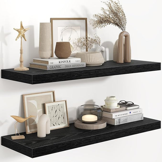 Fun Memories Black Floating Shelves 36 Inch Long, 9.3 Inch Deep Floating Shelf 2 Pack for Wall Bathroom, Living Room, Kitchen, Large Long Wall Shelves with Heavy-Duty Bracket for Books Decor