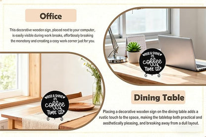 Coffee Desk Decor Sign, Farmhouse Wood Plaque, It Is Coffee Time Wood Sign, Cafe Lover Gifts, Decor For Home Kitchen Table Top, Wooden Round Decorations With Stand-13