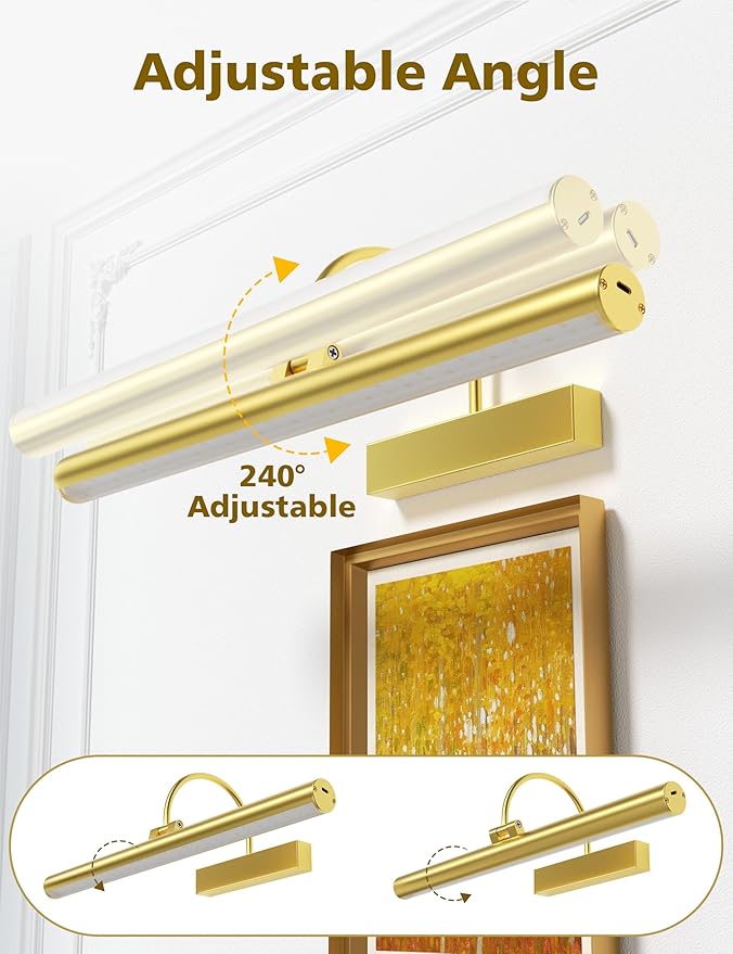 VOLISUN Picture Lights for Wall, 16 inch Rechargable Picture Light Battery Operated, 3 Color Temperatures Cordless Picture Light with Remote, Art Light for Paintings, Gallery, Portrait, 1 Pack (Gold)