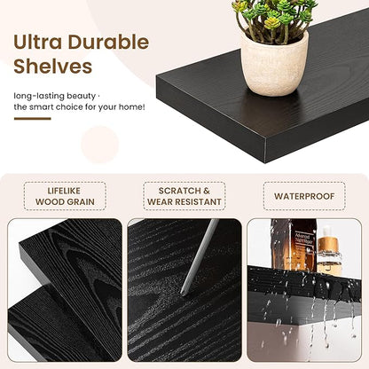 30in Floating Shelves for Wall, 30"W x 9.25"D x 1.25"H, 2 Pack Long Wall Mounted Engineered Wood Shelves with Invisible Brackets for Living Room, Bedroom, Bathroom, Kitchen Decor and Storage, Black