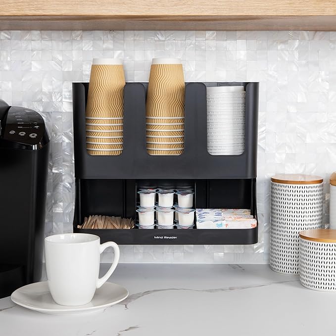 Mind Reader Cup and Condiment Station, Countertop Coffee Bar Organizer with 6 Compartments, Storage Caddy for Cups Lids and Packets, Plastic, Black