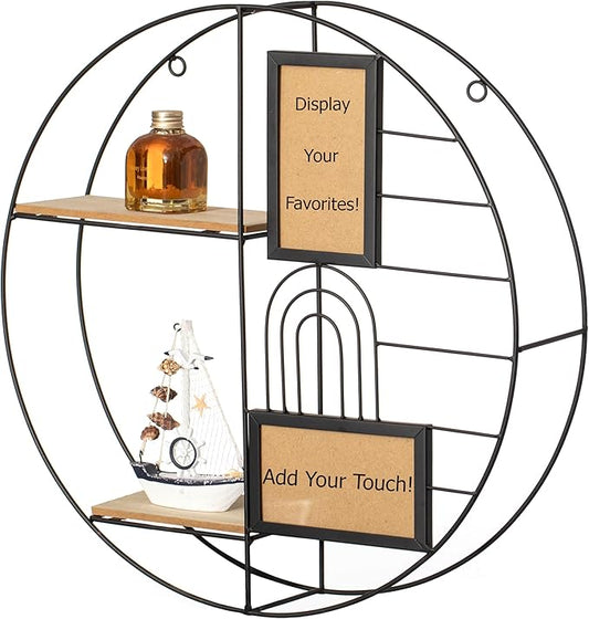 Vintiquewise 2-Tier Decorative Floating Circular Silhouette Wall Shelf with 2 Photo Frames - Circular Metal and Wood Wall-Mounted Shelf for Entryway, Bathroom, Bedroom, and Living Room Decor, Black