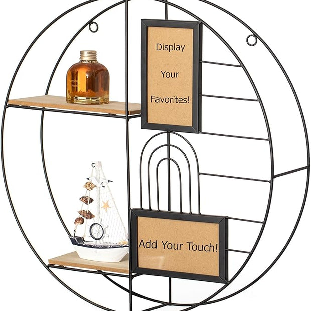 Vintiquewise 2-Tier Decorative Floating Circular Silhouette Wall Shelf with 2 Photo Frames - Circular Metal and Wood Wall-Mounted Shelf for Entryway, Bathroom, Bedroom, and Living Room Decor, Black