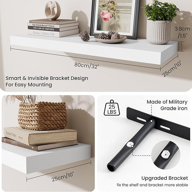 Fun Memories Floating Shelves for Wall, 32 Inch Long Floating Shelves Set of 2, 32 x 10 Wooden Shelves for Wall, Large Storage Shelves, Hanging Shelves for Bathroom Kitchen Bedroom, White