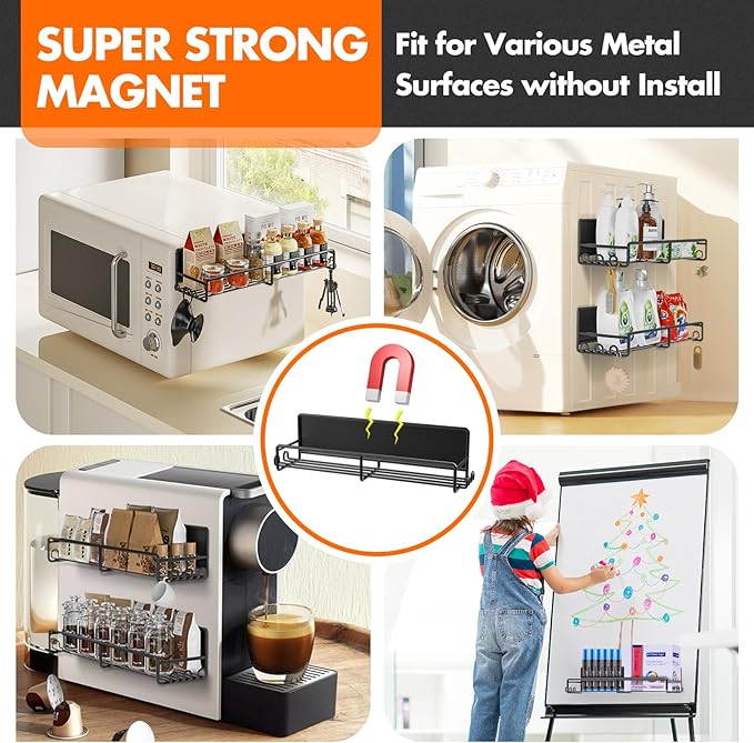 Magnetic Spice Rack for Refrigerator, 4 Pack Magnetic Fridge Shelf with Hooks, Spice Organizer Shelf for Kitchen Organization and Storage, Seasoning Organizer Gadgets for Metal Surface