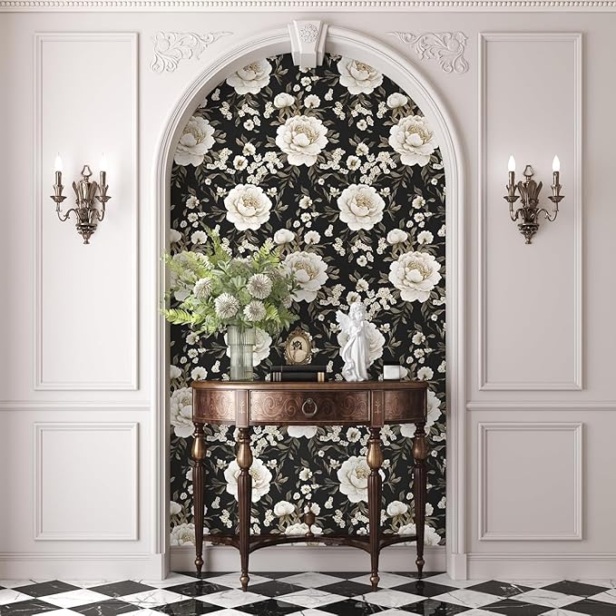 Boho Wallpaper Peel and Stick Dark Floral Wallpaper for Cabinet 17.5in x118in Vintage Contact Paper Waterproof Self Adhesive Modern Flowers Leaf Wall Paper for Room Walls Bathroom Decor