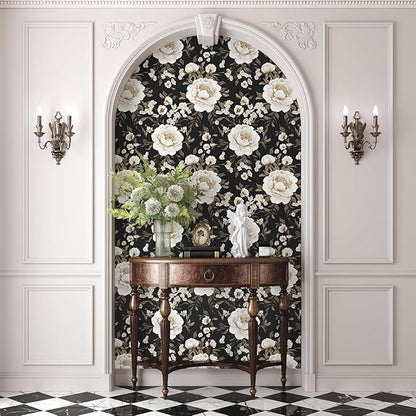 Boho Wallpaper Peel and Stick Dark Floral Wallpaper for Cabinet 17.5in x118in Vintage Contact Paper Waterproof Self Adhesive Modern Flowers Leaf Wall Paper for Room Walls Bathroom Decor
