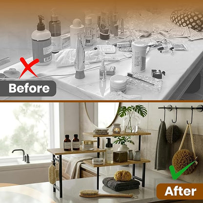 3-Tier Bamboo Corner Countertop Organizer with Extended Top Tier – Kitchen Counter Shelf for Small Spaces, Coffee Bar Organizer, Spice Rack, Bathroom Counter Storage, Space Saver