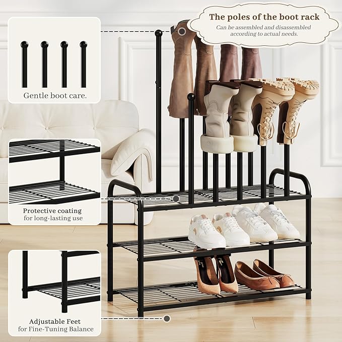 Shoe Rack - 3-Tier Metal Boot Rack Organizer for Entryway, Closet & Garage, Free Standing Shoe Shelf for Storage Tall Boots, Sneakers, Cowboy Boots, Black (Medium - 6 Pairs)