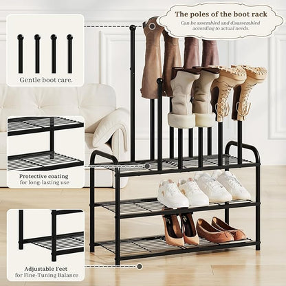 Shoe Rack - 3-Tier Metal Boot Rack Organizer for Entryway, Closet & Garage, Free Standing Shoe Shelf for Storage Tall Boots, Sneakers, Cowboy Boots, Black (Medium - 6 Pairs)