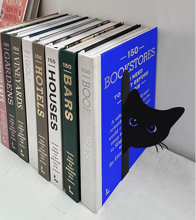 Bookends Metal Cat Book Ends, 1 Pairs Cute Bookends for Shelves Decorative for Home Office Desk Bookshelf Decor (Black, Full-face)