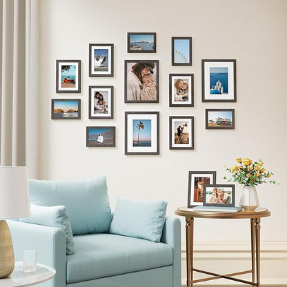 Vittanly 15 Pack Picture Frames Collage Wall Decor for Mounting or Tabletop Display, Gallery Frame Set for Family, Multi Sizes Including 3pcs 8x10, 6pcs 5x7, 6pcs 4x6, Rustic Grey
