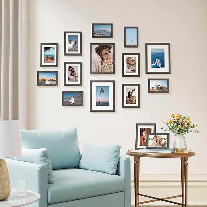 Vittanly 15 Pack Picture Frames Collage Wall Decor for Mounting or Tabletop Display, Gallery Frame Set for Family, Multi Sizes Including 3pcs 8x10, 6pcs 5x7, 6pcs 4x6, Rustic Grey
