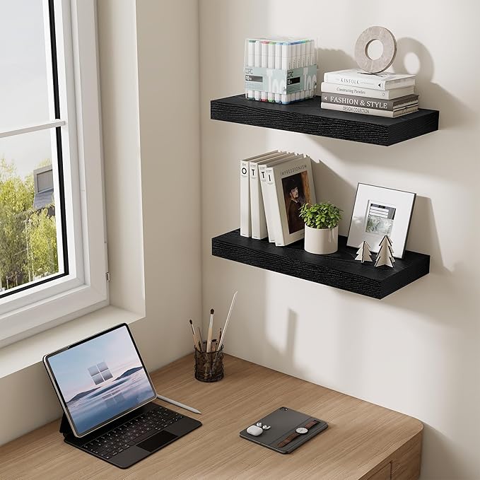 Dreamland 20 Inch Long Floating Shelves in Black,6.7 Inch Deep Floating Shelf for Wall,Large Display & Storage Shelf, Wall Shelf for Bathroom Bedroom Living Room Kitchen Office，Set of 2