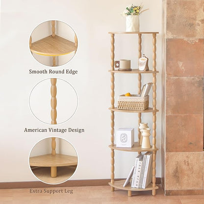MaxSmeo Corner Bookshelf, 5-Tier Corner Shelf Stand, Modern Corner Plant Shelves with Storage, for Bedroom, Bathroom, Kitchen, Living Room (Rustic Walnut)