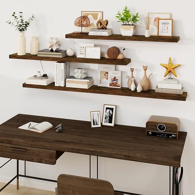 Fun Memories Floating Shelves for Wall, 48Inch Long Floating Shelves Set of 1, Hanging Shelf with Invisible Brackets, Wood Shelves for Living Room, Bedroom, Kitchen, Brown