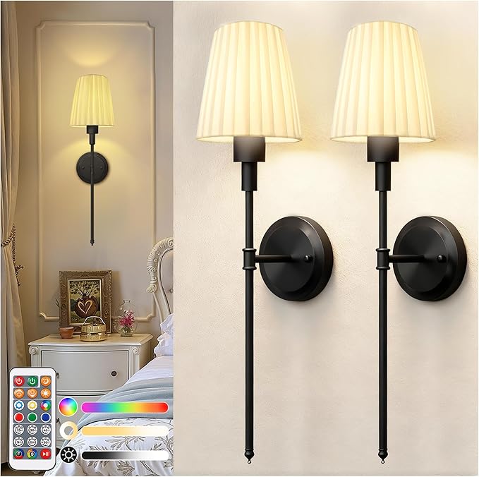 DORESshop Battery Operated Wall Sconce Set of 2, 10 Color Wireless Wall Light Easy to Install, Sconce Wall Decor Set of 2 for Bedroom, Living Room, Pleated Fabric Shade, Black, 24.6in