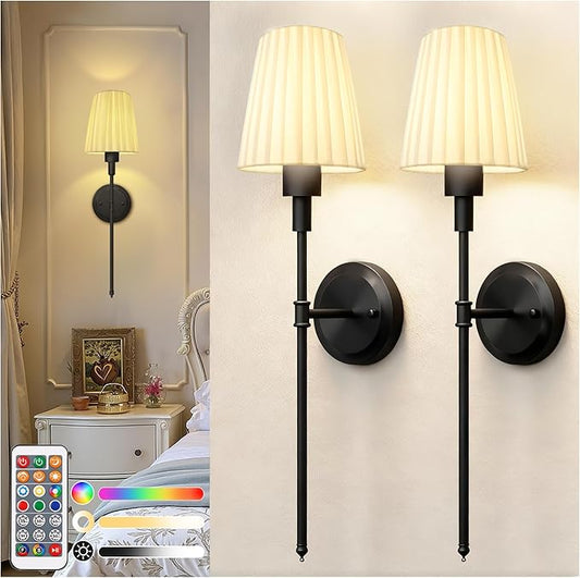 DORESshop Battery Operated Wall Sconce Set of 2, 10 Color Wireless Wall Light Easy to Install, Sconce Wall Decor Set of 2 for Bedroom, Living Room, Pleated Fabric Shade, Black, 24.6in