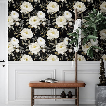 Dark Floral Wallpaper Peel and Stick Boho Wallpaper 17.5in x393in White Floral Contact Paper Self Adhesive Waterproof Vintage Flowers Wall Paper for Bedroom Walls Countertop(White,Golden)