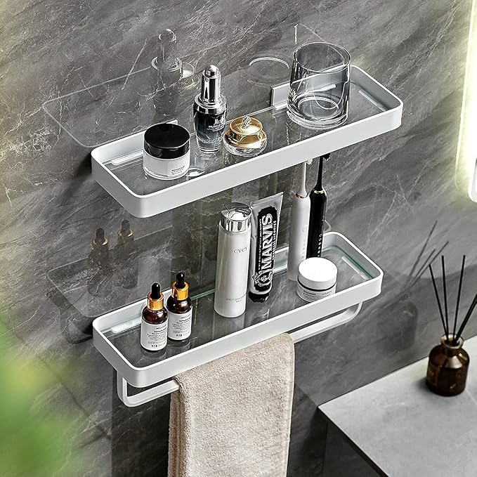 VOLPONE Bathroom Shelves Wall Mounted 2 Tier Glass Floating Shelf - Tempered Glass Wall Organizer (White)