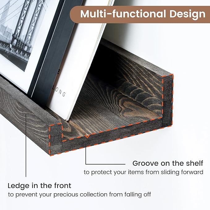 24 Inches Floating Shelves for Wall, Solid Pine Wood Picture Ledge Shelves, Wall Shelves with Lips, Nursery Book Shelves for Toys Storage Living Room Bedroom Photo Frames (2 Pcs, Grey)