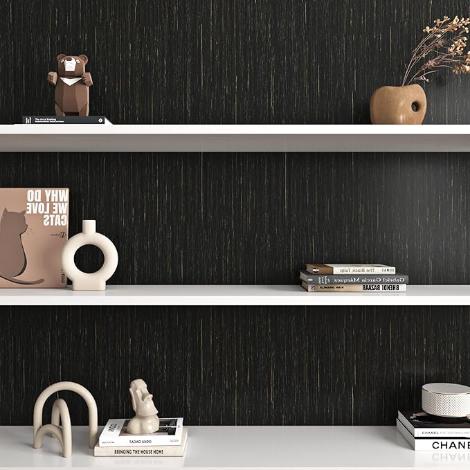Livelynine 15.8X197 Black and Gold Textured Peel and Stick Wallpaper for Bedroom Walls Kitchen Cabinet Contact Paper Peel and Stick Wall Paper Self Adhesive Mid Century Modern Accent Wall Covering
