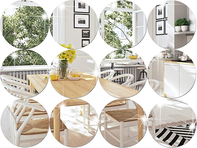 Weysat 12 Pcs Acrylic Round Mirrors Candle Plate Set for Table Centerpieces 5 Inch Non Glass Self Adhesive Mirror Wall Stickers for Home Wedding Table Wall Decor